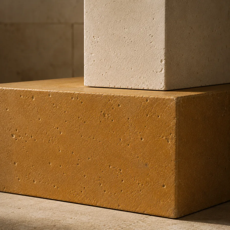 A wide honey-gold stone foundation supporting a smaller cream limestone form resting on top.