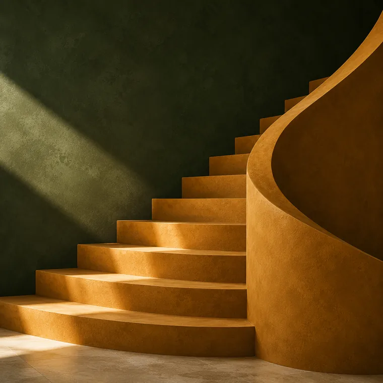 Golden ochre staircase rising against a moss green wall.