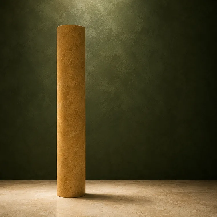 Single golden ochre column against a deep moss green wall.