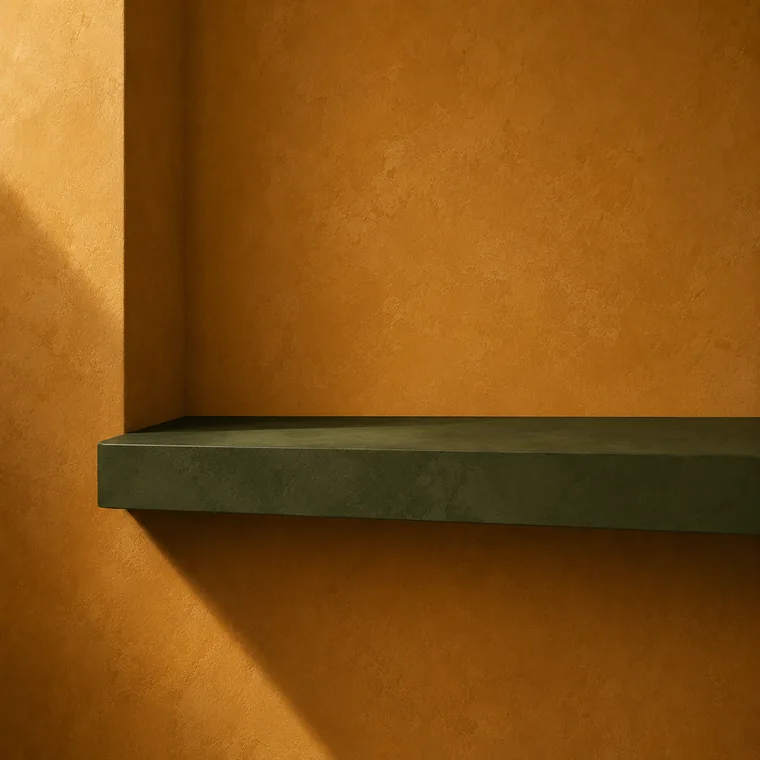 Empty green shelf built into a golden ochre wall, casting a long shadow.