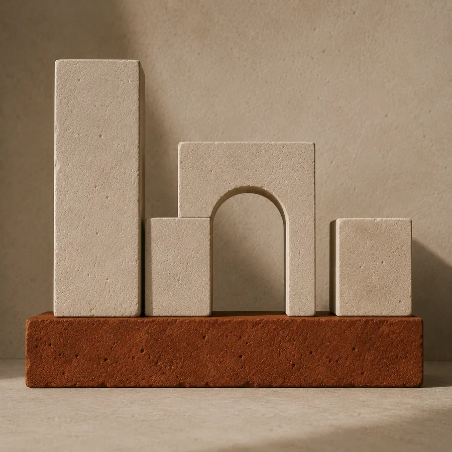 A narrow burnt sienna stone base supporting three or four distinct cream limestone sculptural forms of varying shapes and heights.