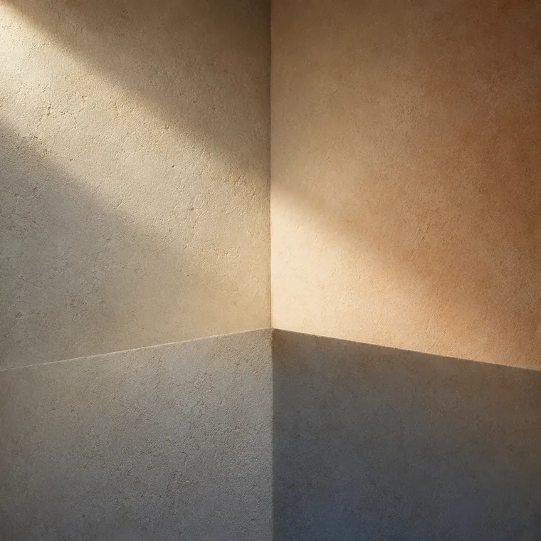 Cream limestone architectural corner where three subtle planes meet, each carrying a quiet hint of color.