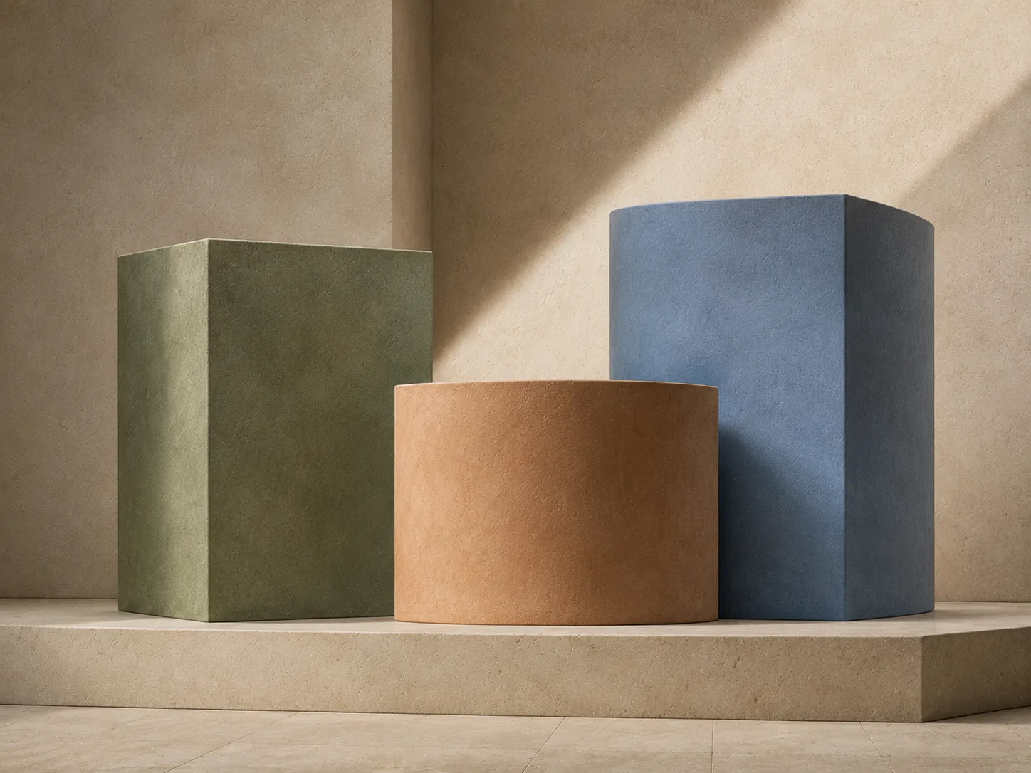 Three sculptural plaster forms in muted moss green, burnt sienna, and cobalt blue arranged together on a cream limestone platform.